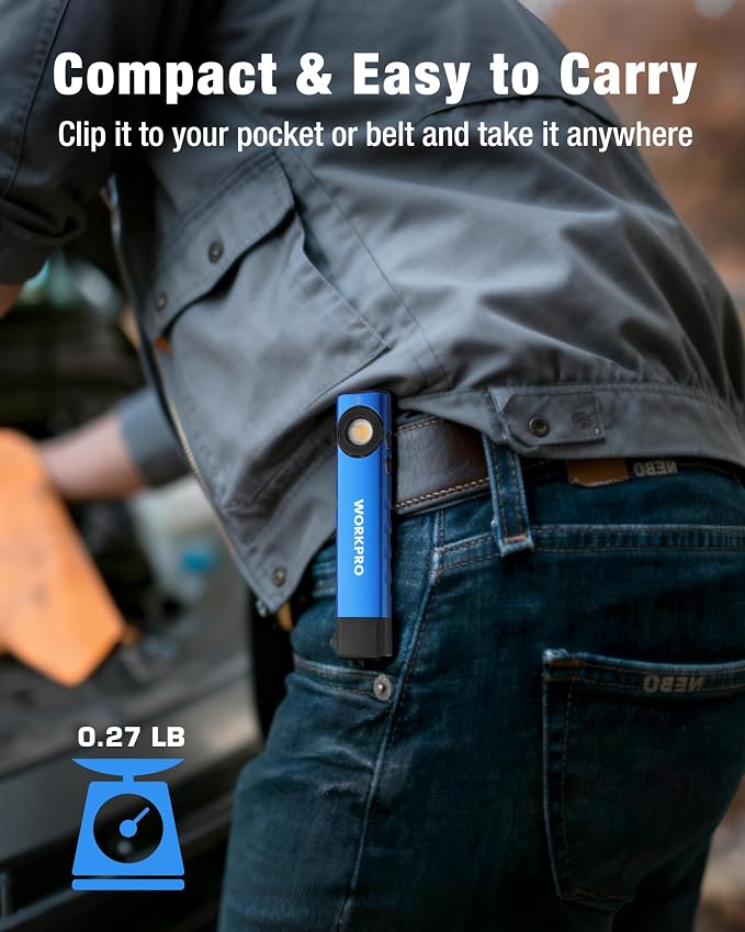 WORKPRO Rechargeable Pocket Flashlight, Magnetic EDC Light with UV, Blue | Compact, 600 Lumens LED & UV Light, 2 Magnetic Bases, Pocket Clip, 7 Modes, Garage, Repair & Emergency Use
