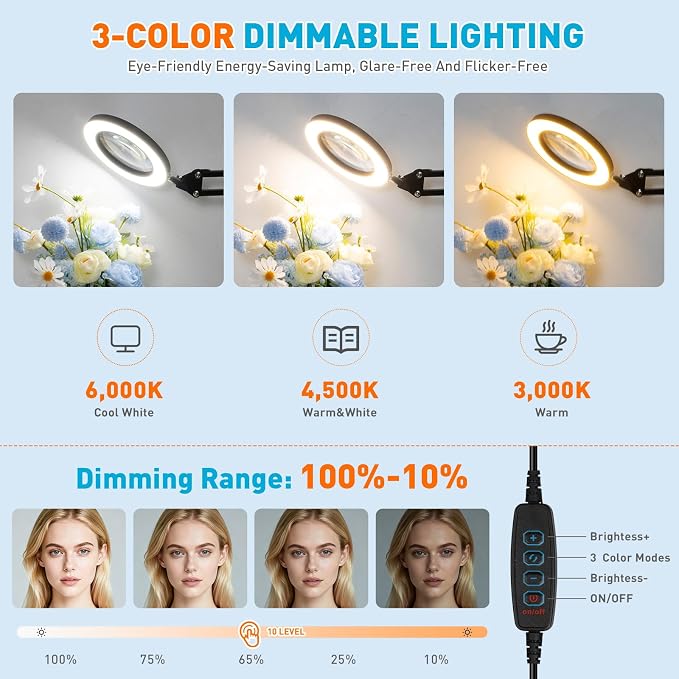 KIRKAS 12X Magnifying Glass with Light and Stand, 2-in-1 Real Glass Lens | Magnifying Desk Lamp with Clamp, 3 Color Modes Stepless Dimmable Magnifier Light for Repair, Reading, Craft, Sewing - Black