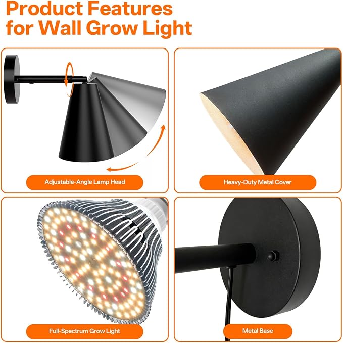 Wall-Mounted Grow Light 25W Full Spectrum Plant Light | 3300K Full Spectrum Plant Light, 350°Adjustable Head, Timer & Black Metal Shade, for Flowers, garden Growing