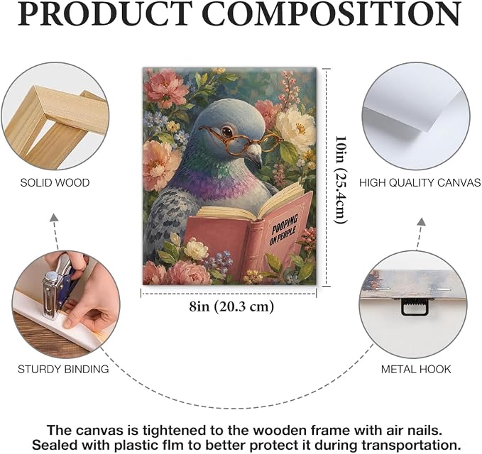 NSFBESSLIA Funny Reading Pigeon Painting, Whimsical Vintage Bird Decor, Pooping On People, Cottagecore Floral Wall Art for Living Room Bedroom Entryway, 8x10 Inch