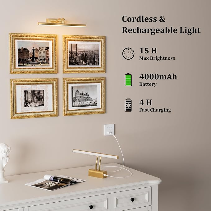 13.8'' Battery Operated Picture Light for Wall, Remote Control | 4000mAh Cordless,Gold Wall Light, Magnetic for Easy to Charge,Timers, Display for Gallery Living Room Bedroom