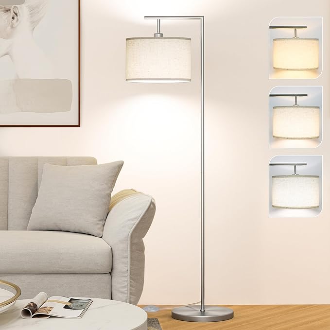 63" Silver Floor Lamp for Living Room, Modern Standing Lamp, 1 Pack | 3 Color Temperatures, Adjustable Beige Linen Lampshade, For Living Room Bedroom Office Classroom Dorm, 9W LED Bulb Included
