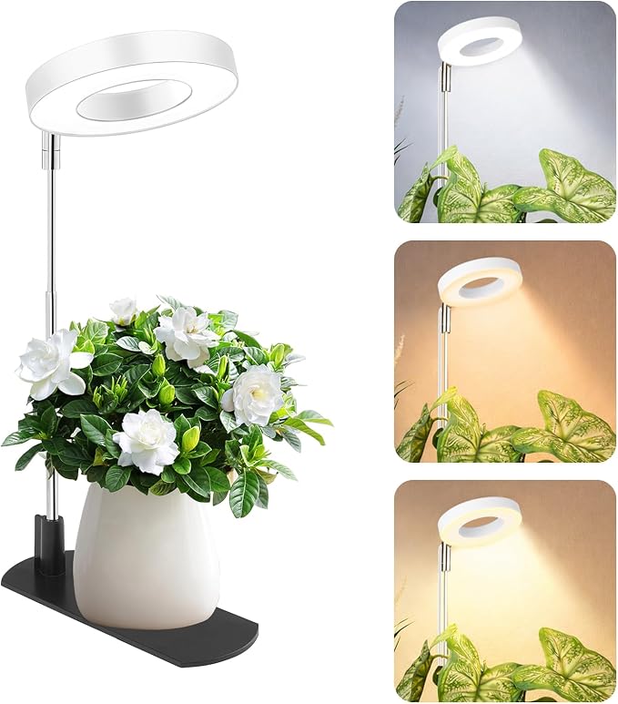 LBW Grow Lights for Indoor Plants, Full Spectrum Halo Grow Light with Base | 48 LED Plant Light for Small Plants, Base/Soil Stake, 7.8-26" Adjustable, 6/8/12/16H Timer, 3 Color Mode, 5 Brightness, White