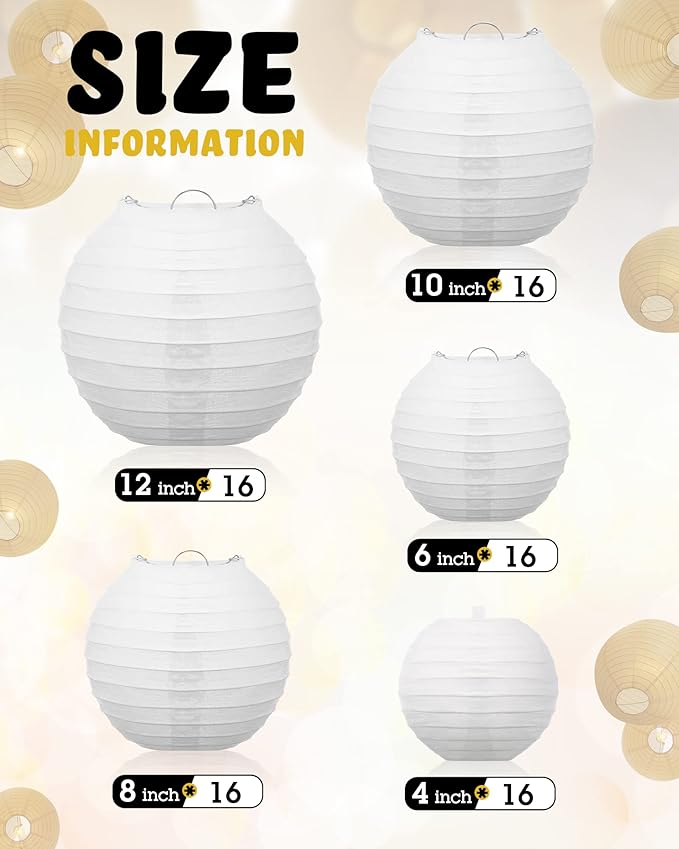 Treela 80 Pcs Paper Lanterns Chinese Japanese Lanterns for Wedding, 4'', 6'', 8'', 10'', 12'' Lamps for Ceiling Hanging Decor Spring Bridal Baby Shower Birthday Party Decorations Easter(White)