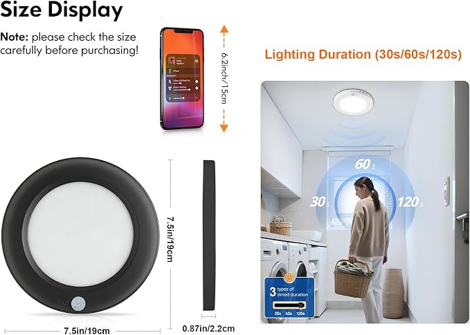2 Pack Motion Sensor Ceiling Light Hardwired, 15W 1500lm 3CCT/3 Mode/30-120s Timer, 7.5 inch Black Small Motion Sensor Light Indoor for Closet, Pantry, Hallways, Stairwells, Garage