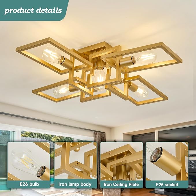 ZGLAOJT Semi Flush Mount Ceiling Light 5-Light Gold Kitchen Light Fixtures | Modern Large Matte Sputnik Chandelier for Dining Room Bedroom Farmhouse Living Room