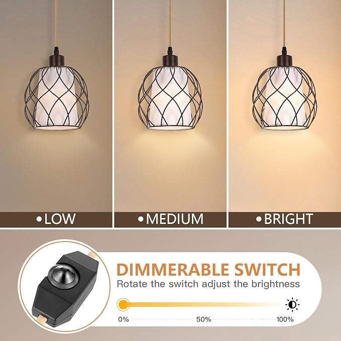 Plug in Pendant Light Metal Hanging Lights with Plug in Cord Hanging Lamp Mid Century Modern Vintage Dimmable Plug in Chandelier Ceiling Fixture for Living Room,Bedroom,Brown
