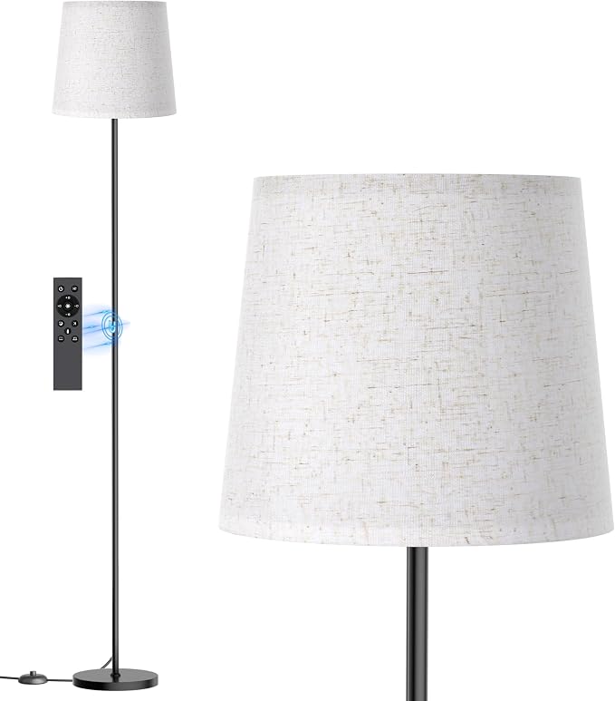Dimmable Floor Lamp with Linen Shade for Living Room | Dimmable LED Standing Lamp with Remote & Foot Switch, Modern Floor Reading Light for Bedroom Office Corner