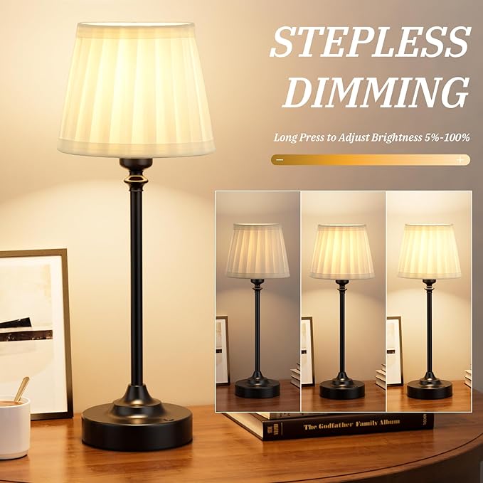 Cordless Table Lamps Rechargeable Set - 2 Pack Black 4000mAH Battery Operated Lamps for Decor, 3000K Stepless Dimming Touch Control Wireless Lamps for Bedroom, Dining Table, Living Room, White Shade