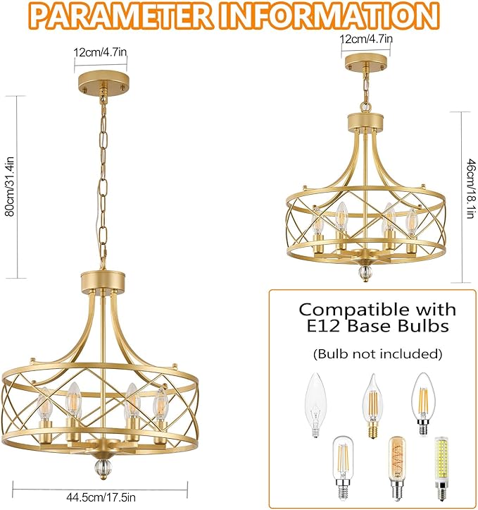 6-Light Chandelier,17.5in Gold Metal Farmhouse Lantern Pendant Light Fixture,Adjustable Hanging Ceiling Lamp,for Kitchen Island,Bedroom,Entryway,Dining Room