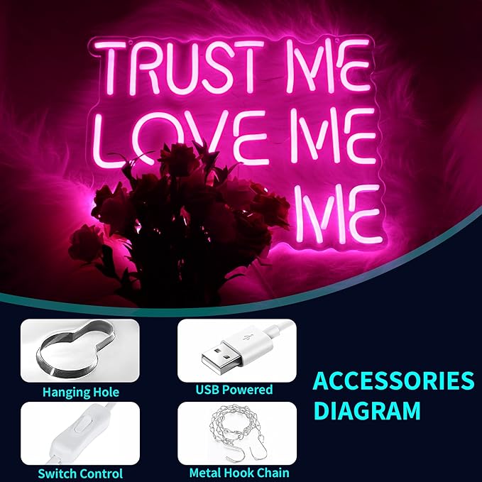Neon Sign, JGHTURIE Trust Me Neon Signs for Wall Decor Love Me Pink Light Up Sign for Man Cave Girls Room Party Art Bar Led Signs USB Powered