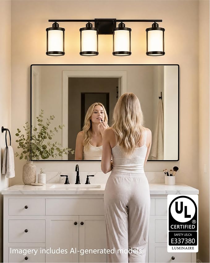4-Light Black Bathroom Light Fixtures with Milk White Frosted Glass, 29" UL-Listed Modern Wall Sconce Over Mirror with Metal Cage for Bath, Hardwire E26, OS-3014BKW-4W