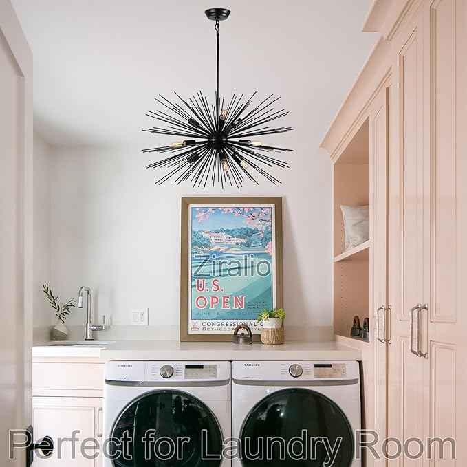 29" Vintage Black Sputnik Chandelier 9-Lights Large Starburst Chandelier with Adjust Rod Rustic Solid Metal Sputnik Satellite Chandeliers for Dining Room, Kitchen, Living Room, Foyer, E12