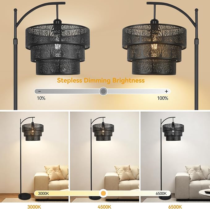 AHDWDW Arc Floor Lamp for Living Room Bedroom,Mid-Century Modern Floor Lamps with Remote,Black Dimmable Standing Tall Lamp for Corner Office,3-Tier Drum Metal Lampshade with Forest Tree Design