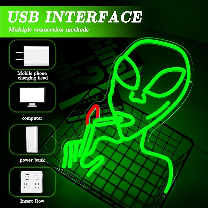 Alien Neon Sign for Wall Decor, Dimmable LED Green Alien Neon Lights Sign for Bedroom Game Room Man Cave Home Bar Party Decor Gifts