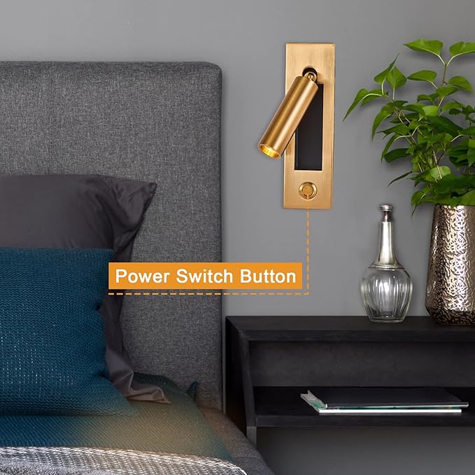 LED Wall Mounted Bedside Light, Adjustable Recessed Headboard Light with Switch, Wall Sconce for Reading, Hardwired Spotlight for Bedroom (Gold)