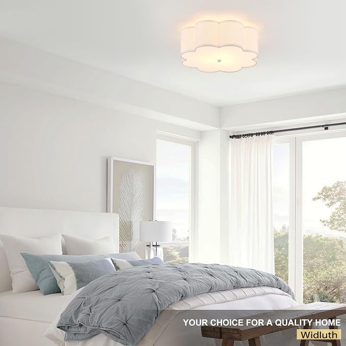 17.7" White Semi Flush Mount Ceiling Light, Linen 3-Light Fixture | White Linen Petal Shade, Modern Style For Bedroom, Hallway,Kitchen And Laundry; Close-To-Ceiling, E26, Dimmable