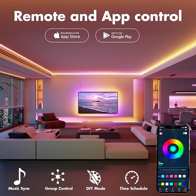 Led Lights for Bedroom 166FT Smart IC+RGB Strip Lights | Music Sync Color Changing, 24Key Remote+App Control Light Strip for BedHead,Underbed,Ceiling,Background Wall(2x83FT)