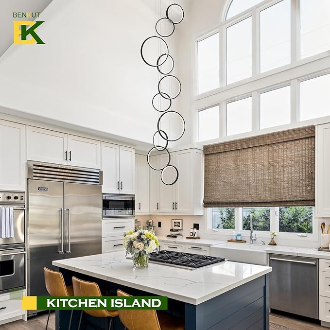 High Ceiling Chandelier 10 Ring Black Foyer Chandeliers Entryway Long Modern LED High Ceiling Light Staircase with Remote Control for Living Dining Room (98.5in 3000K-6500K)