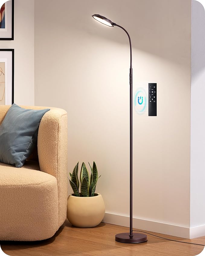 EDISHINE Modern LED Floor Lamp 1300LM Floor Lamps for Living Room Brown | Dimmable, 4 Color Temperature, Remote & Touch Control, 2 Timer, Adjustable Gooseneck for Bedroom, Office