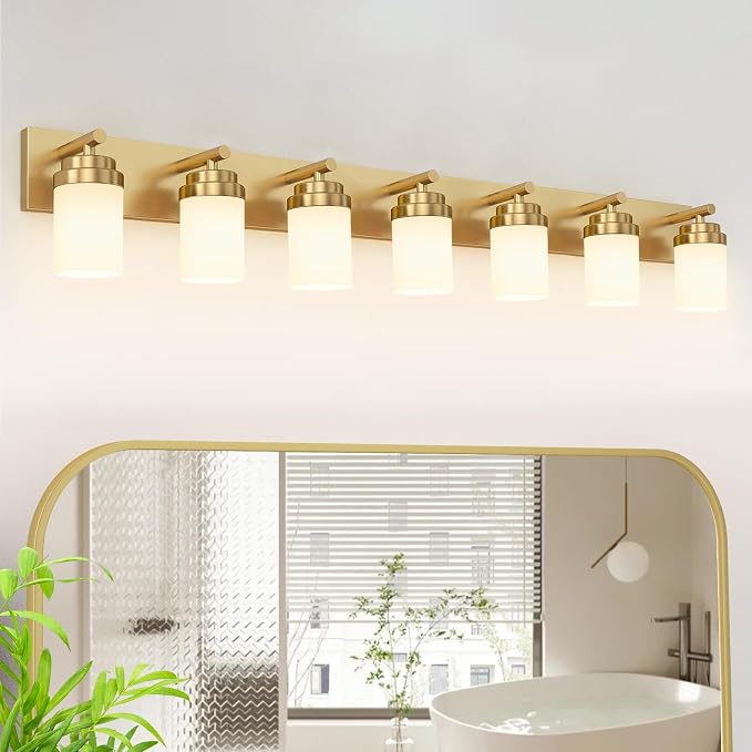 IZORRO Bathroom Vanity Light Fixture, 7-Light 52 inch Gold Bathroom Light Fixtures Over Mirror, with White Glass Shade, Modern Farmhouse Vanity Lights, Rustic Restroom Lighting Fixtures