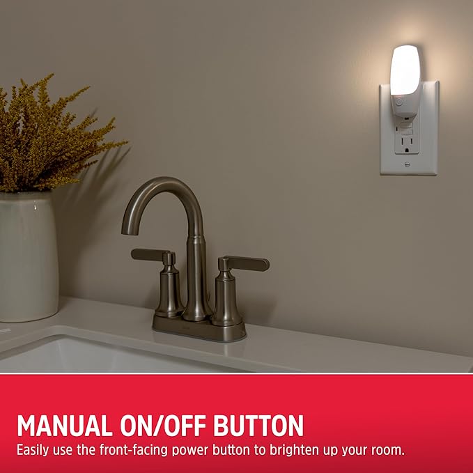 Energizer Manual On/Off LED Night Light Plug-in, Push Button, Compact, Contemporary, for Bedroom, Livingroom, Hallway, Bathroom, Nursery, Basement, White, 83661, 4 Pack