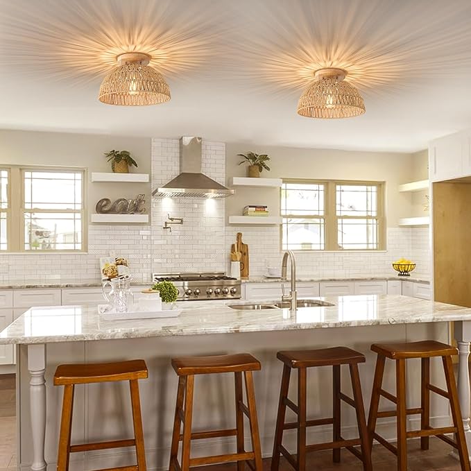 13 Inch Rattan Flush Mount Ceiling Lights Farmhouse Boho Ceiling Light Fixtures Rustic Wicker Hand Woven Rope Cage for Dining Room Kitchen Bedroom Foyer Hallway Entryway 2 Packs