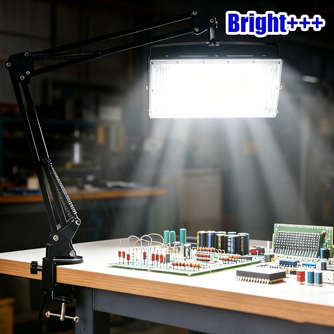 LED Work Bench Light, Adjustable Swing Arm Clamp Flood Light, Plug in Task Lamp for Garage Workshop Craft