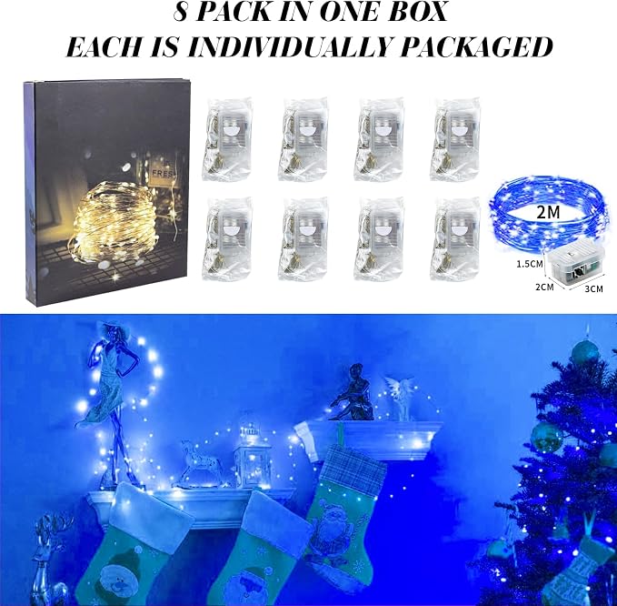 ZGWJ 8 Pack Blue Fairy Lights, Mini String Lights | Battery Operated 7 FT 20 LED Waterproof 3 Modes for DIY, Parties, Wedding, Halloween, Christmas Decoration