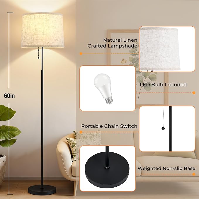 Floor Lamps for Living Room & Bedroom, 60" Modern Tall Standing Lamp, 3CCT | Lamps for Office, Classroom, Bedside, Linen Lampshade, Pull Chain Switch, Modern Design, Anti-glare Lighting, Easy Assembly