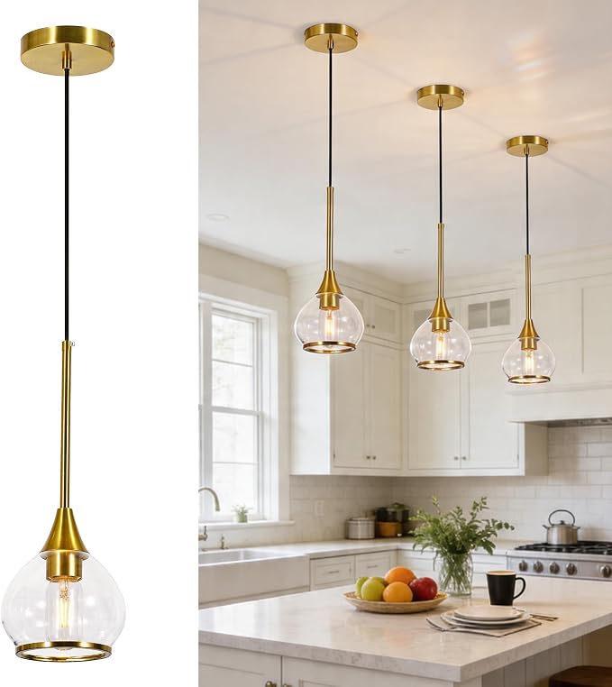 Gold Pendant Light Kitchen Island, 1 Light | Brushed Gold Pendant Light Fixture, Glass Globe Hanging Light, Adjustable Height for Kitchen Island, Dining Room & Bar