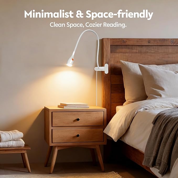 acegoo Minimalist Reading Light for Bed Headboard Dimmable White Book Light Clip on Lamp with USB-C Adapter, Flexible Neck & Handy Lamp Head Switch, CRI 95+