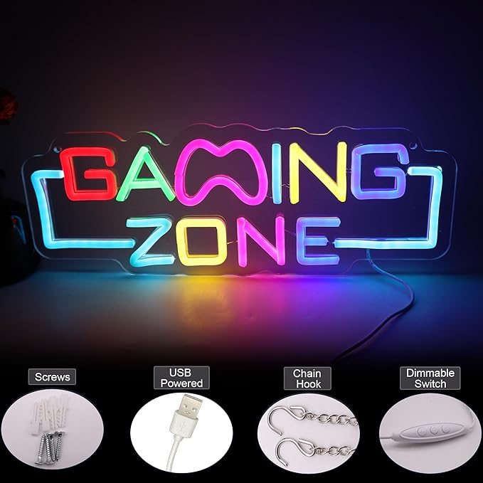 Gaming Zone LED Neon Sign, Cool Gamer Room Wall Decor Dimmable USB Powered Neon Light for Game Room, Bedroom,Man Cave Streaming & E sports Setup Holiday Birthday Gift