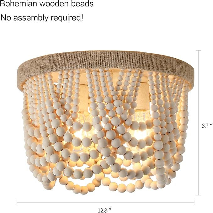 AMZASA Wood Beaded Flush Mount Ceiling Light Farmhouse Rustic Small Boho Chandelier Light Fixture for Bedroom Hallway Entryway Closet Kitchen Dining Room Living Room Nursery 3-Lights