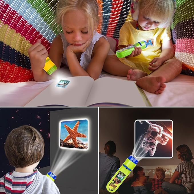 Torch Projector Projection 2PCS, Kids Flashlights Toys Lighting Story Torches Slide Lamp Educational Learning Bedtime Night Light for Children, Toddler, Boy, Girl (120 Images, Dinosaur & Space)