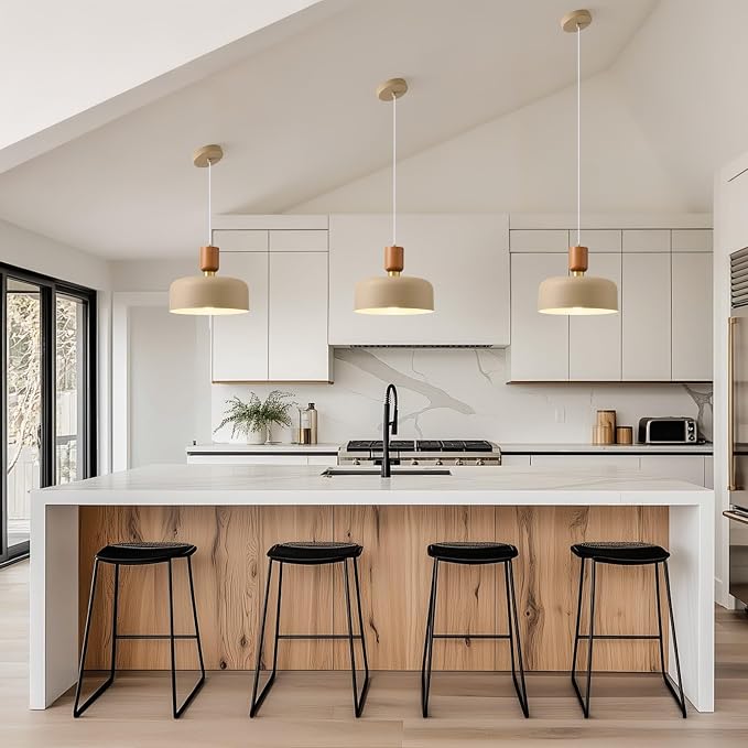 12" Mid Century Modern Pendant Lights Kitchen Island with Brown Metal Shade | Wood Brass Industrial Hanging Light over Sink, Farmhouse Vintage Ceiling Lighting Fixture for Dining Room Entryway Hallway