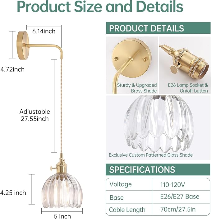 Shenmoyl Vintage Wall Sconce Wall Lamp Clear Tulip Shade Pattern Glass Adjustable Chain Retro Gold Wall Mounted Light, Wall Lamp Fixtures Decor for Bedside Bedroom Indoor Doorway