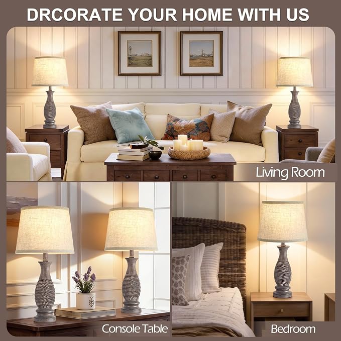 EJIAXIN Table Lamps Set of 2-21.6" Resin Farmhouse Bedside Lamps for Bedroom Living Room, Rustic Nightstand Bedroom Lamp with Rotary Switch for Night Stand End Table