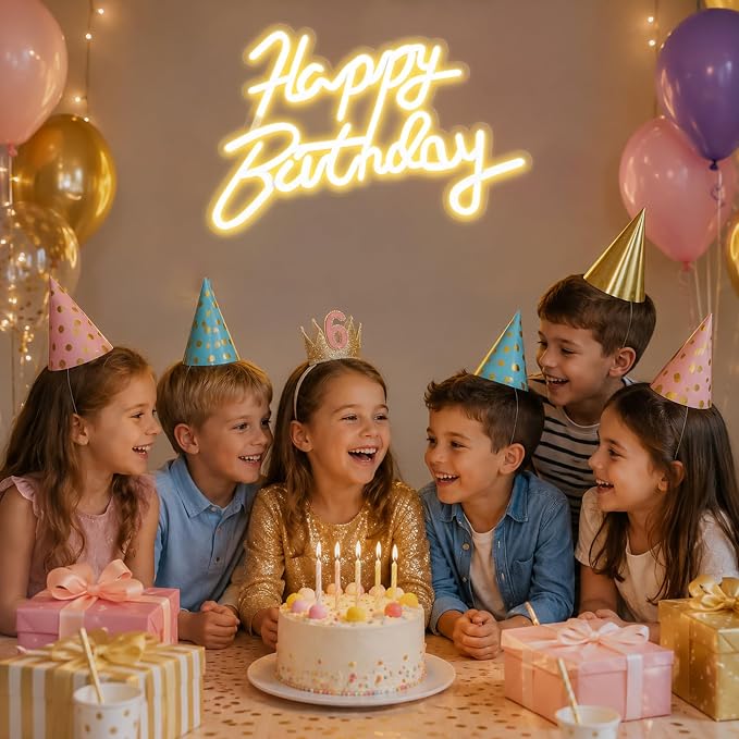 FARNY Happy Birthday Neon Sign for Wall Decor, LED Happy Birthday Light Up Sign, Dimmable LED Birthday Neon Light for Birthday Party Decorations Backdrop,Warm White 16.5"x 12"