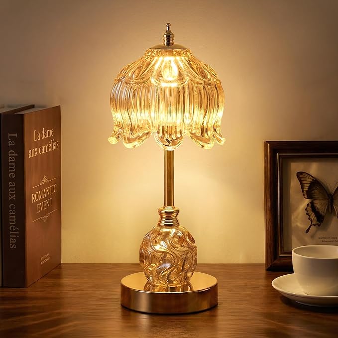 Flower Battery Operated Rechargeable Lamp Cordless, Lily, Amber | Small, Vintage, Gold, Wireless, LED, Dimmable, Table, Home Decor, Bedroom, Bedside, Nightstand, Birthday Gifts for Women