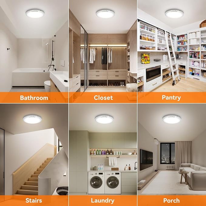 Rechargeable Motion Sensor Ceiling Light, 10000mAh Battery Shower Light | 4 Pack Wireless Magnetic Ceiling Light, Remote Control+Timer, 3 Modes 3 Color 10 Brightness, for Home Stairs Hallway Landry