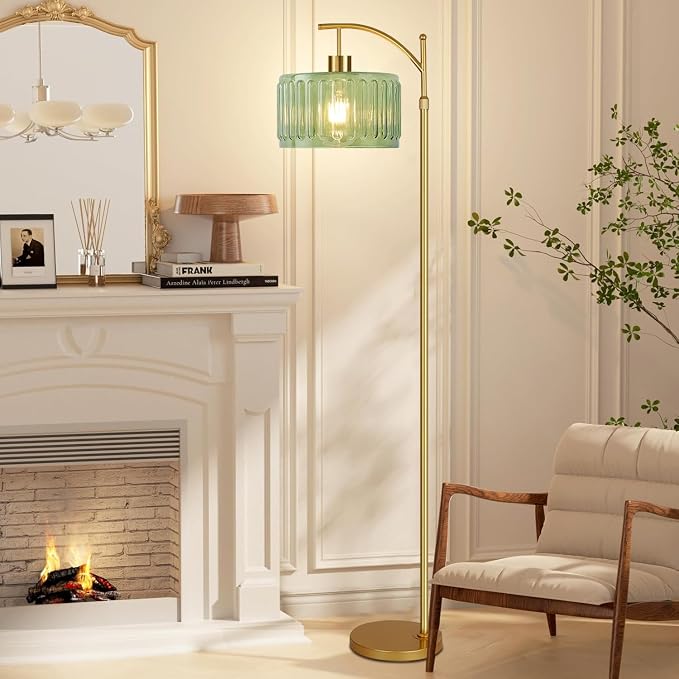 ILLMTW Glass Floor Lamp for Living Room,Bedroom,Gold Mid Century Modern Standing Lamp with Remote,Dimmable Brass Tall Lamp Vintage Retro Green Arc Flower Floor Light Boho Bohemian