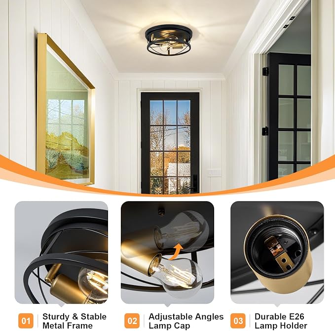 Farmhouse Lights,Black and Gold Industrial Flush Mount Ceiling Light, Ceiling Lamp Farmhouse Lighting Fixture for Hallway, Bedroom, Kitchen, Entrance, 2-Light