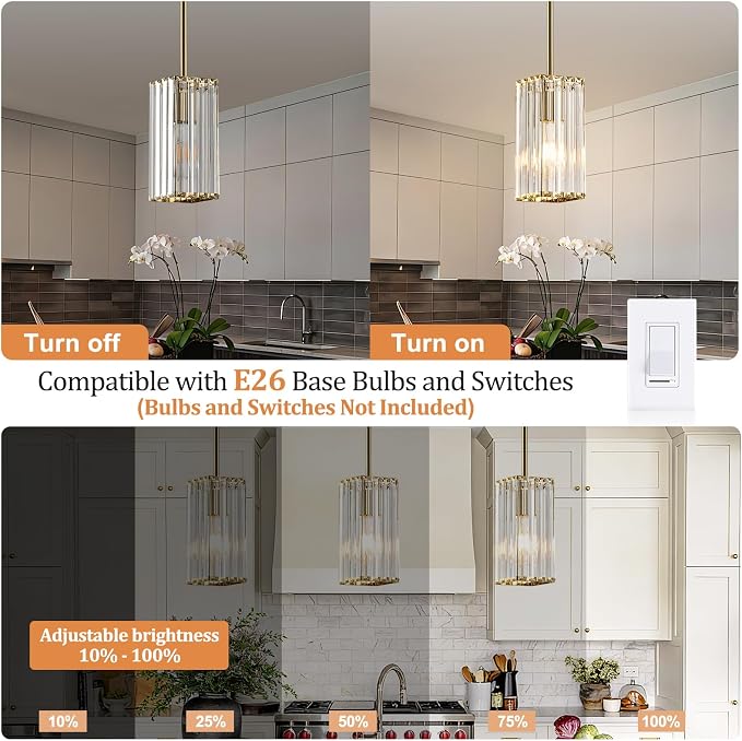 Modern Crystal Pendant Lights Kitchen Island, 1-Light Brushed Gold Hanging Light with Clear Crystal Shade, Adjustable Height Pendant Lighting for Kitchen Island Dining Room Bedroom Bar Entryway