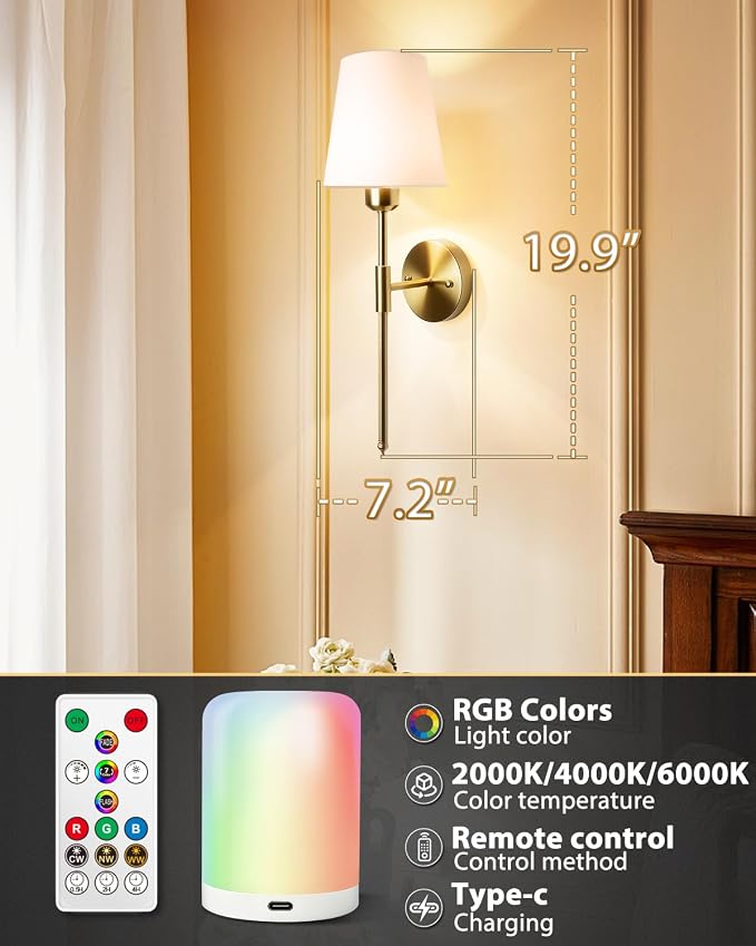 Adetu Battery Operated Wall Sconce Set of 2, Gold Wireless Battery Wall Lights