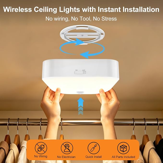 Rechargeable Motion Sensor Ceiling Light Indoor Closet Light with Remote | Battery Operated Ceiling Light with Timer - Wireless Dimmable Magnetic Mount Shower Lamp for Bathroom/Stairs/Garage/Hallway