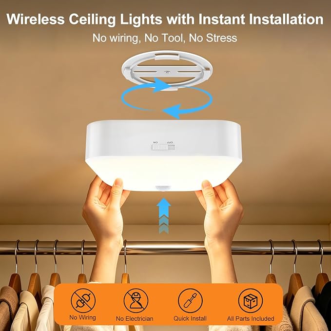 Rechargeable Motion Sensor Ceiling Light Indoor Closet Light with Remote | Battery Operated Ceiling Light with Timer - Wireless Dimmable Magnetic Mount Shower Lamp for Bathroom/Stairs/Garage/Hallway