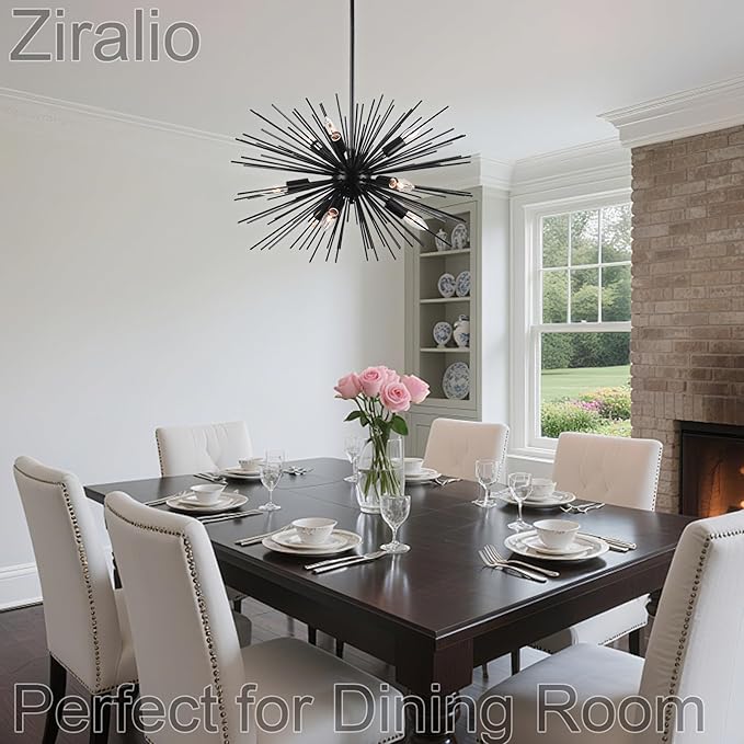 24in Black Sputnik Chandelier Mid Century Modern 9-Lights Starburst Chandelier Solid Metal Firework Urchin Satellite Chandeliers for Dining Room, Kitchen, Bedroom, Living Room, Foyer, E12