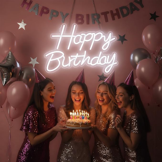 22" x 14.5" Happy Birthday Neon Sign for Backdrop, LED Happy Birthday Light Up Sign, USB Powered Dimmable Neon Light for Birthday Party Decorations, Wall Decor, White