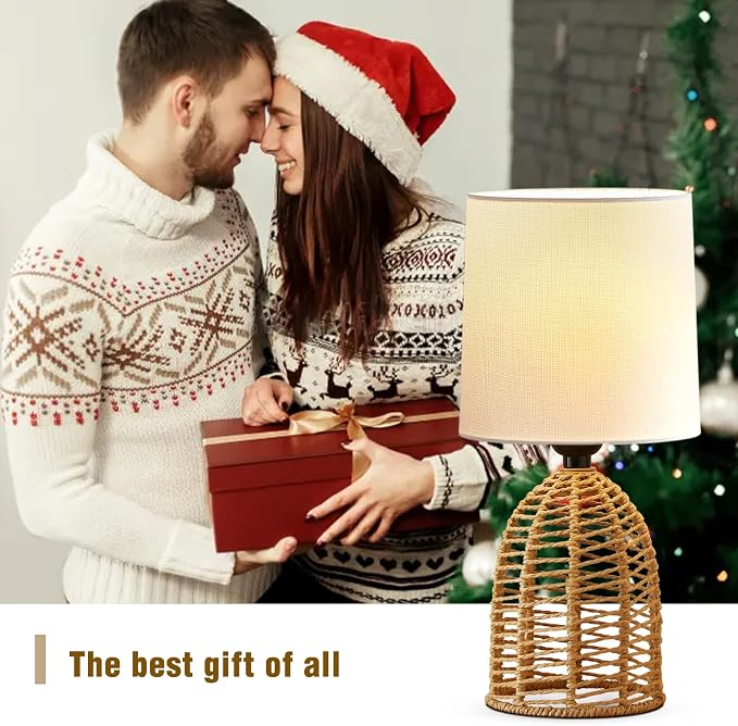 EJIAXIN Rattan Lamp Boho Lamps Set of 2-13.75" Mini Farmhouse Table Lamp Rustic End Table Decorative Small Lamps for Small Spaces Bedroom Nightstand Living Room Reading Desk Side Table Lamp
